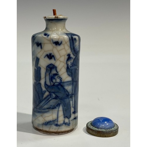 2235 - A Chinese porcelain cylindrical scent bottle, painted in tones of underglaze blue with elder and chi... 