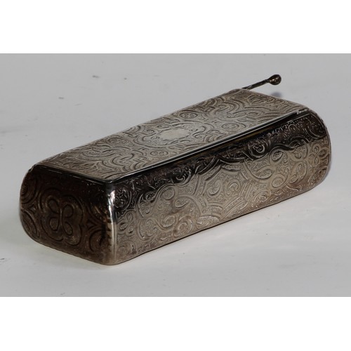 851 - A 19th century French bowed rectangular snuff box, engraved and chased overall with strap work and l... 