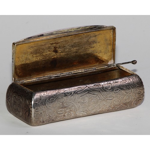 851 - A 19th century French bowed rectangular snuff box, engraved and chased overall with strap work and l... 