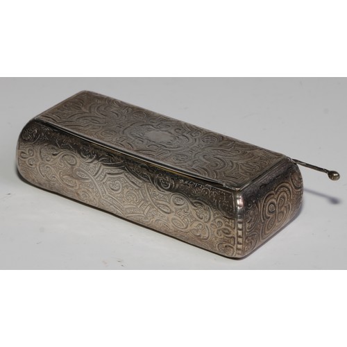 851 - A 19th century French bowed rectangular snuff box, engraved and chased overall with strap work and l... 