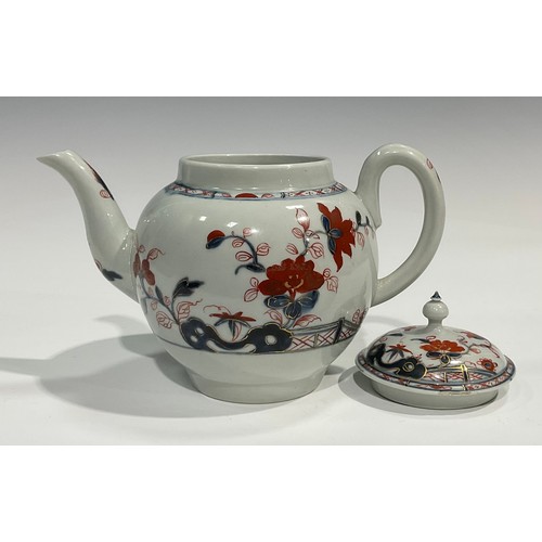 176 - A rare Liverpool Imari globular teapot and cover, decorated in underglaze blue and overglaze red, pi... 