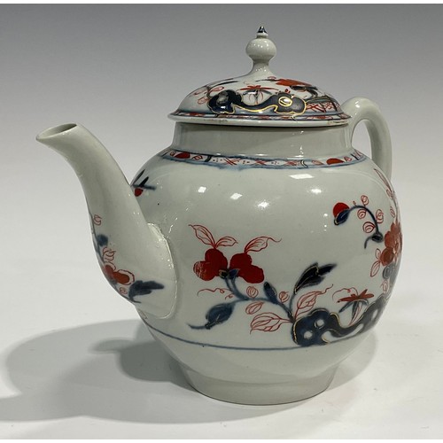 176 - A rare Liverpool Imari globular teapot and cover, decorated in underglaze blue and overglaze red, pi... 