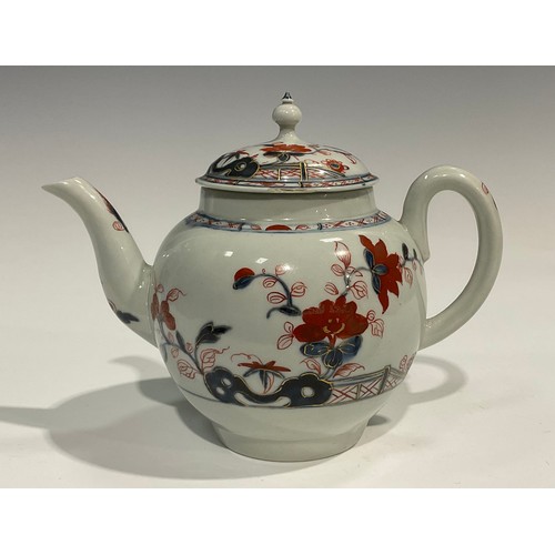 176 - A rare Liverpool Imari globular teapot and cover, decorated in underglaze blue and overglaze red, pi... 