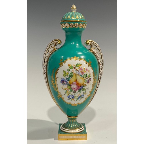 169 - A mid 19th century Coalport pedestal vase and cover, painted by Wm Cook, with oval cartouches with f... 