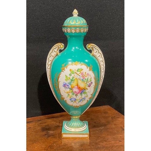 169 - A mid 19th century Coalport pedestal vase and cover, painted by Wm Cook, with oval cartouches with f... 