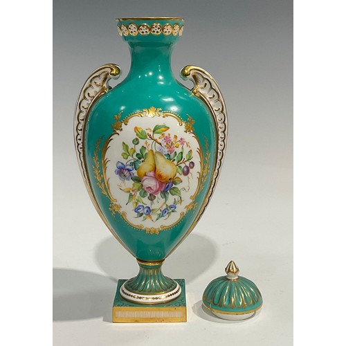 169 - A mid 19th century Coalport pedestal vase and cover, painted by Wm Cook, with oval cartouches with f... 