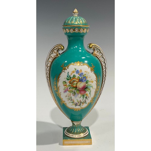 169 - A mid 19th century Coalport pedestal vase and cover, painted by Wm Cook, with oval cartouches with f... 