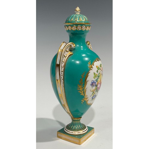 169 - A mid 19th century Coalport pedestal vase and cover, painted by Wm Cook, with oval cartouches with f... 