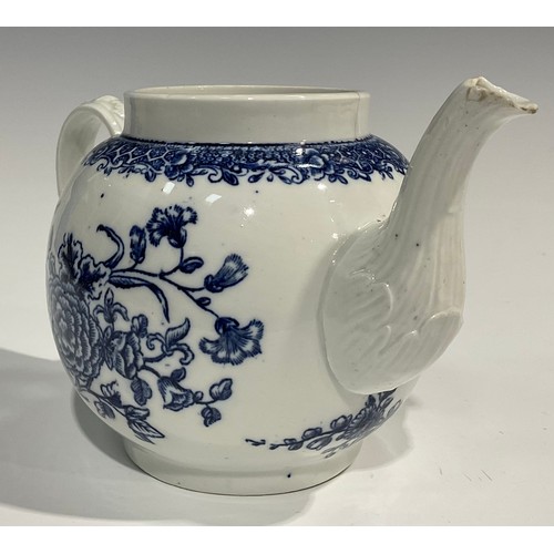 133 - A rare Bristol blue and white transfer printed globular teapot decorated with a spray of flowers und... 