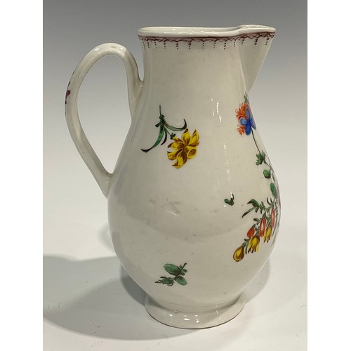 135 - A rare Plymouth hot water jug, finely painted with a bouquet of flowers and scattered flower sprays,... 