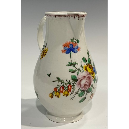 135 - A rare Plymouth hot water jug, finely painted with a bouquet of flowers and scattered flower sprays,... 