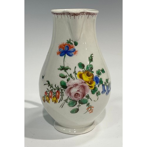 135 - A rare Plymouth hot water jug, finely painted with a bouquet of flowers and scattered flower sprays,... 