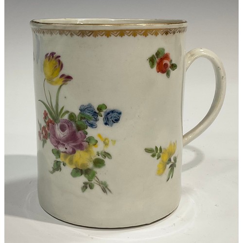 132 - A Plymouth mug, finely painted with a bouquet of flowers and flower sprays, under a gilt border, rib... 