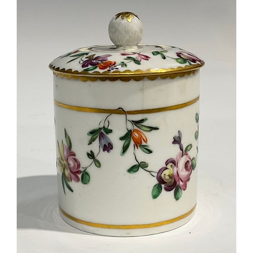 113 - A Bristol toilette pot and cover, painted in the Sevres style, with swags of flowers over a gilt lin... 