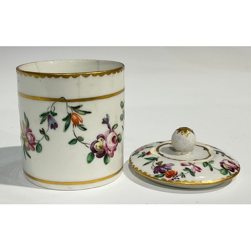 113 - A Bristol toilette pot and cover, painted in the Sevres style, with swags of flowers over a gilt lin... 