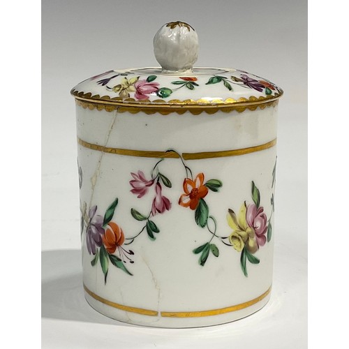 113 - A Bristol toilette pot and cover, painted in the Sevres style, with swags of flowers over a gilt lin... 