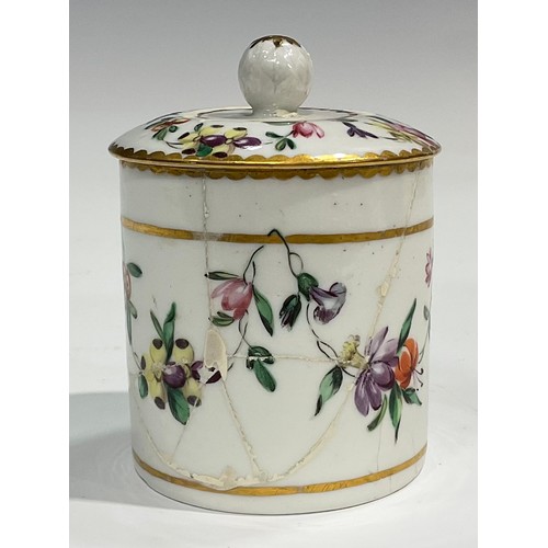 113 - A Bristol toilette pot and cover, painted in the Sevres style, with swags of flowers over a gilt lin... 