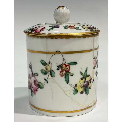 113 - A Bristol toilette pot and cover, painted in the Sevres style, with swags of flowers over a gilt lin... 