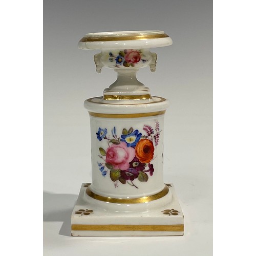 107 - A 19th century Copeland and Garrett taper stick, painted with flowers and fruit, 8cm diameter; an En... 