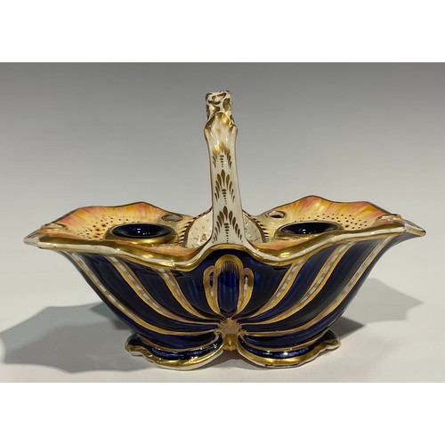 157 - An English porcelain inkstand in the shape of a basket of naturalistic form, with two removable inkw... 