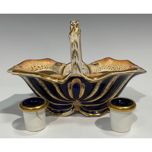 157 - An English porcelain inkstand in the shape of a basket of naturalistic form, with two removable inkw... 