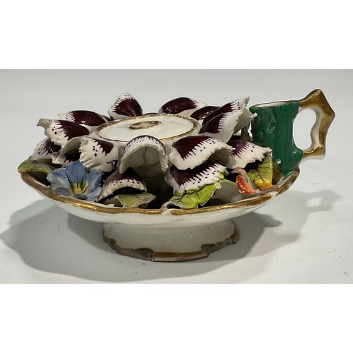 157 - An English porcelain inkstand in the shape of a basket of naturalistic form, with two removable inkw... 