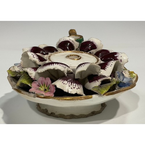 157 - An English porcelain inkstand in the shape of a basket of naturalistic form, with two removable inkw... 