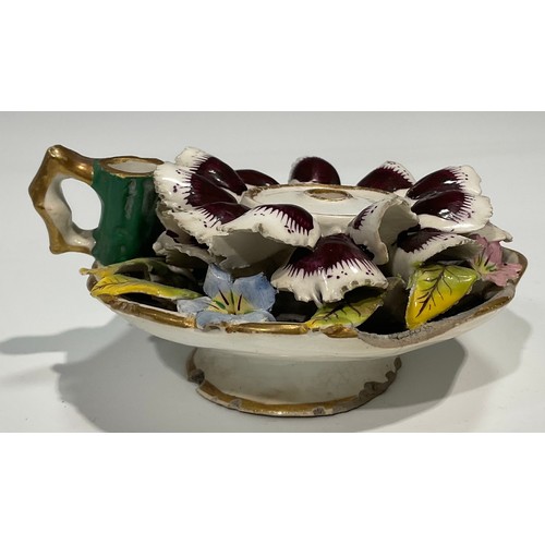 157 - An English porcelain inkstand in the shape of a basket of naturalistic form, with two removable inkw... 