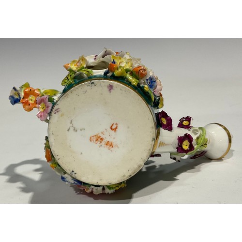 120 - A Derby miniature water sprinkler, encrusted with colourful flowers on a green ground, crown and D m... 