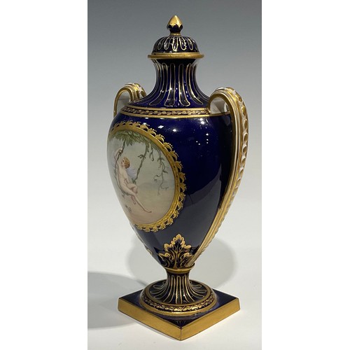 128 - A Minton two handled pedestal vase and cover, strongly attributed to Antonin Boullemier, decorated w... 