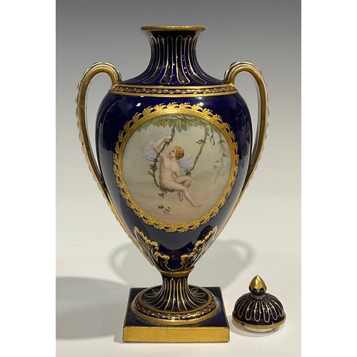 128 - A Minton two handled pedestal vase and cover, strongly attributed to Antonin Boullemier, decorated w... 