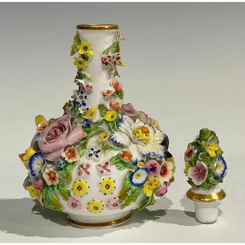 240 - A Derby porcelain scent bottle and stopper, encrusted with colourful flowers, crown and D mark in re... 