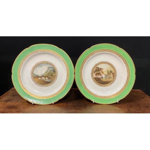 247 - A pair of Derby Named View shaped circular plates, painted by George Robertson, Llanwrst Bridge, Wal... 