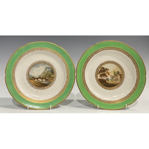 247 - A pair of Derby Named View shaped circular plates, painted by George Robertson, Llanwrst Bridge, Wal... 