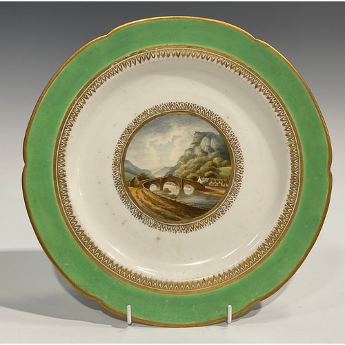 247 - A pair of Derby Named View shaped circular plates, painted by George Robertson, Llanwrst Bridge, Wal... 