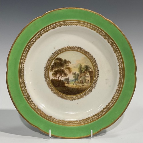 247 - A pair of Derby Named View shaped circular plates, painted by George Robertson, Llanwrst Bridge, Wal... 