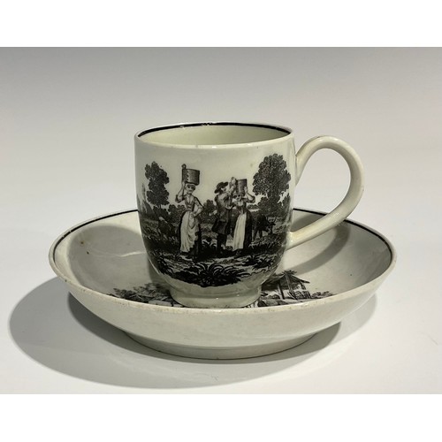 213 - A Worcester Milkmaids and Cow Herder pattern coffee cup and saucer, printed in monochrome after Robe... 