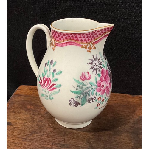 206 - A Worcester Famille Rose sparrow beak jug, scale pink border, scroll handle, 10cm high, c.1770