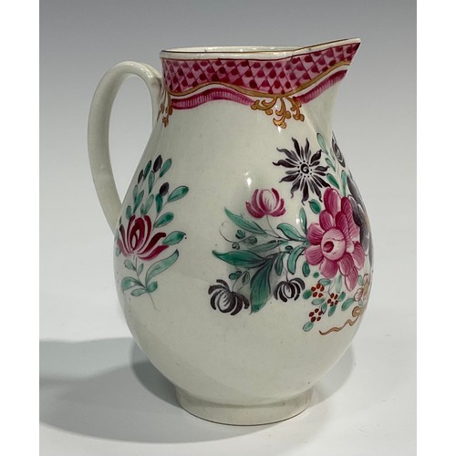 206 - A Worcester Famille Rose sparrow beak jug, scale pink border, scroll handle, 10cm high, c.1770