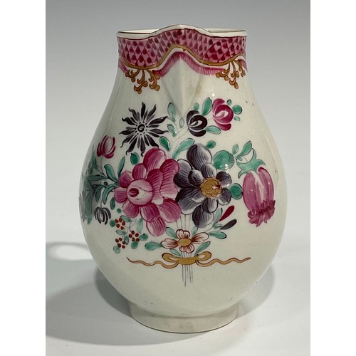 206 - A Worcester Famille Rose sparrow beak jug, scale pink border, scroll handle, 10cm high, c.1770