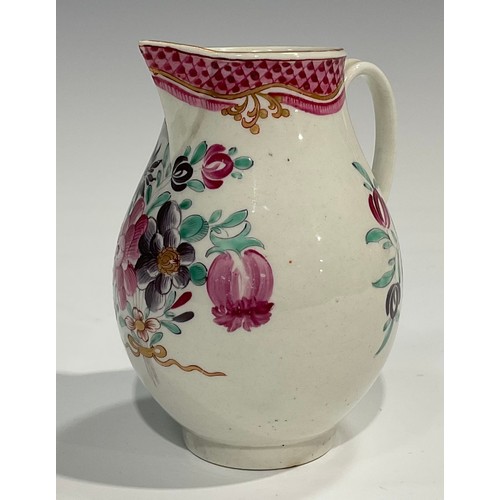 206 - A Worcester Famille Rose sparrow beak jug, scale pink border, scroll handle, 10cm high, c.1770