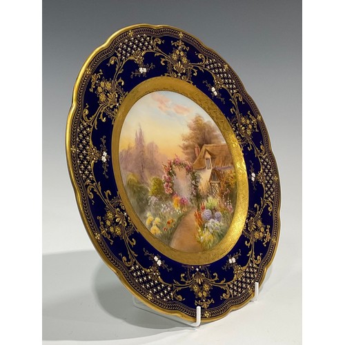 201 - A Royal Worcester shaped circular cabinet plate, painted by R. Rushton, signed, the field with Engli... 