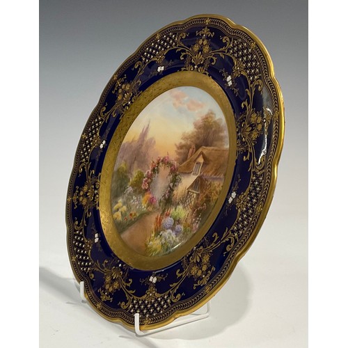 201 - A Royal Worcester shaped circular cabinet plate, painted by R. Rushton, signed, the field with Engli... 