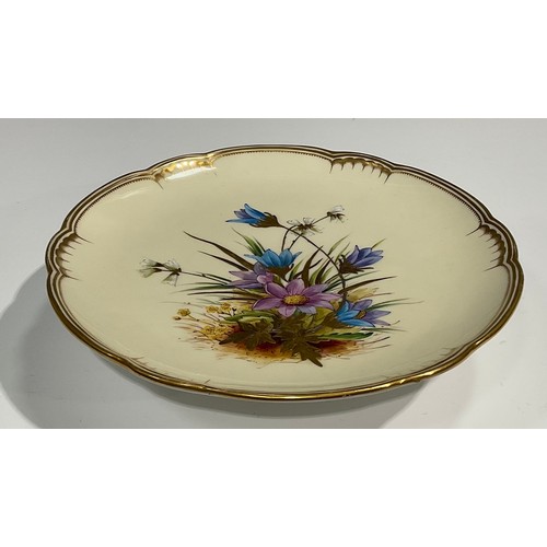 265 - A Royal Crown Derby shaped circular comport, painted with flowers on a cream ground, the leaves and ... 