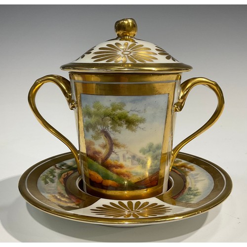 283 - A 19th century Paris porcelain two handled covered chocolate cup and stand, the cup and saucer with ... 