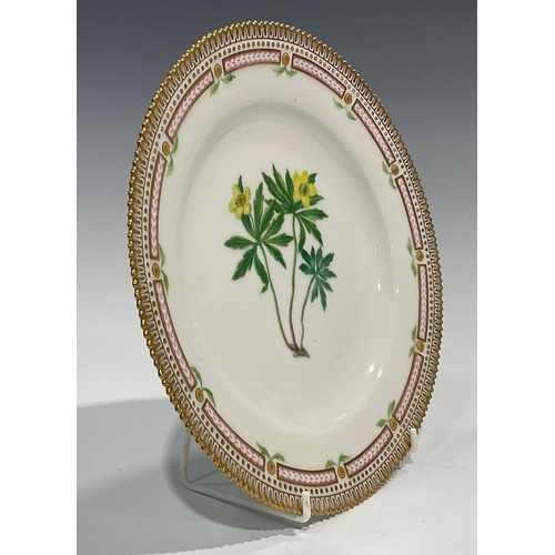 307 - A Royal Copenhagen Flora Danica plate, painted with Anemone, gilt serrated rim, 25.5cm diameter, und... 