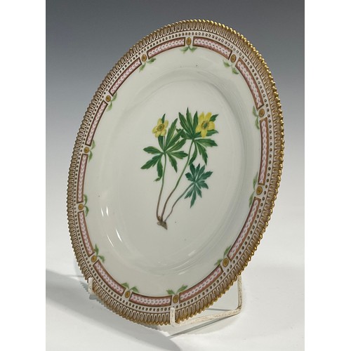 307 - A Royal Copenhagen Flora Danica plate, painted with Anemone, gilt serrated rim, 25.5cm diameter, und... 