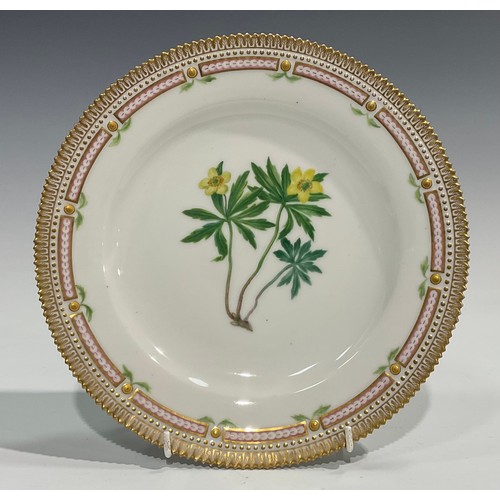 307 - A Royal Copenhagen Flora Danica plate, painted with Anemone, gilt serrated rim, 25.5cm diameter, und... 