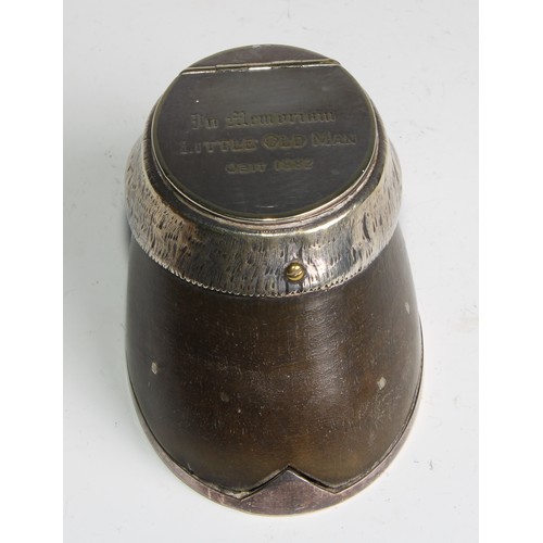 2729 - Rowland Ward & Co - a Victorian E.P.N.S mounted taxidermy horse hoof inkwell, the hinged cover inscr... 