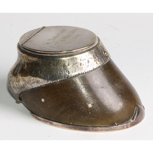 2729 - Rowland Ward & Co - a Victorian E.P.N.S mounted taxidermy horse hoof inkwell, the hinged cover inscr... 